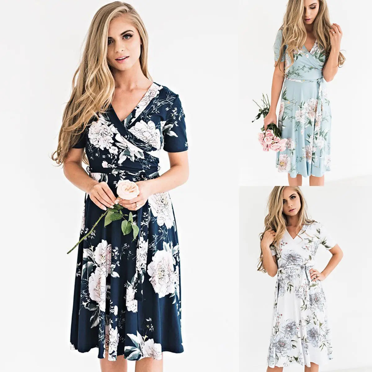 Femmes été décontracté robe en mousseline de soie Boho Midi fleurs imprimé manches courtes col en v robe de soirée/robe de plage/robe d'été florale