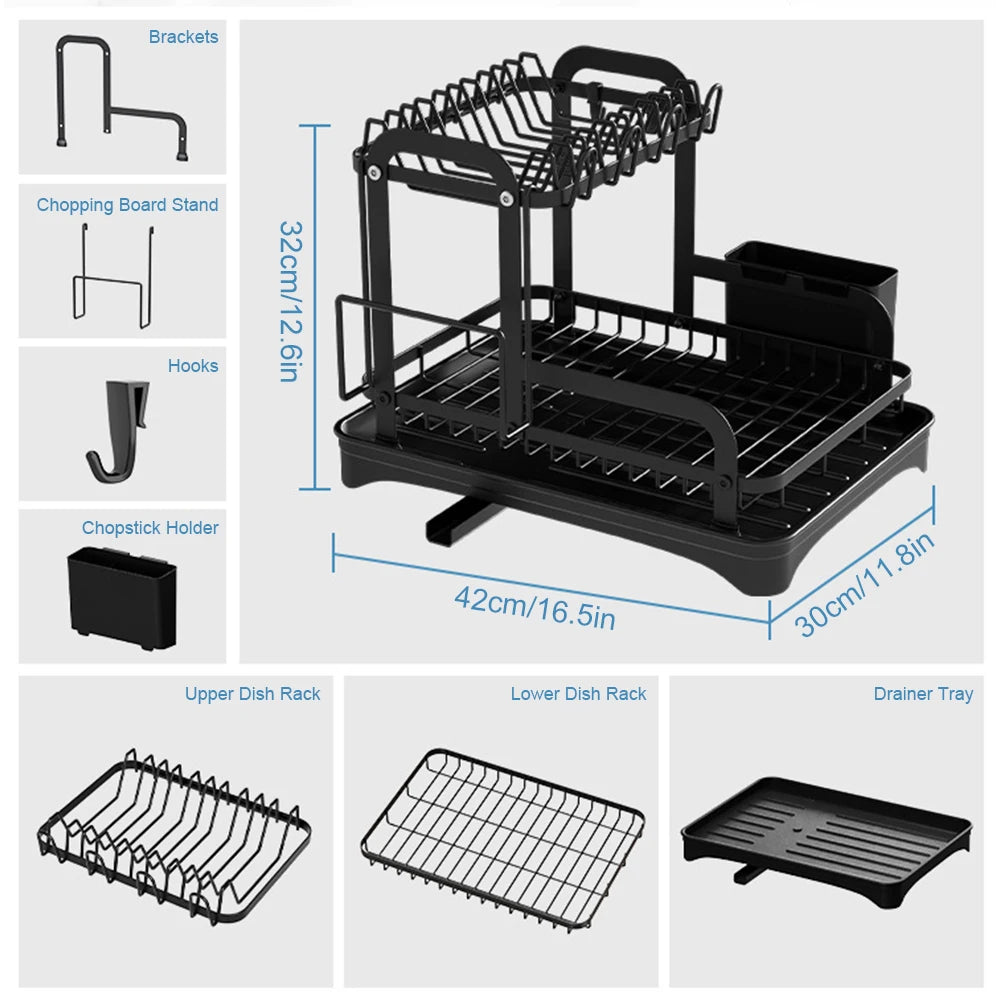 Escurridor de platos de 2 niveles, estante de almacenamiento, escurridor de platos de cocina con escurridor, organizador de vajilla para encimera, escurridor