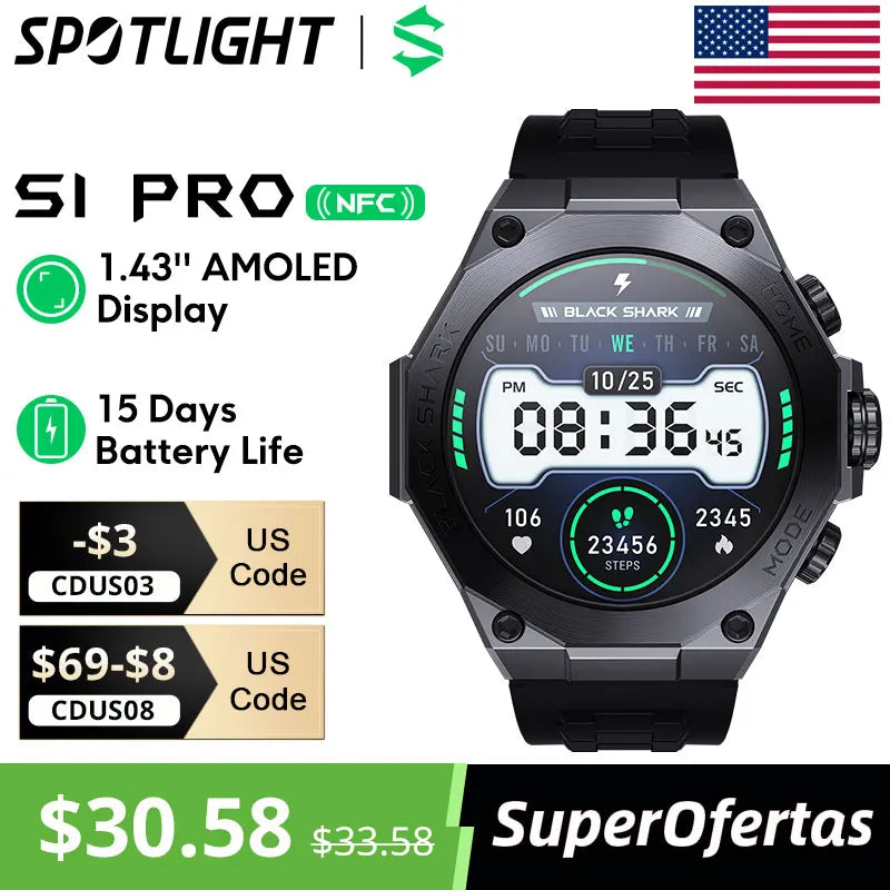 [World Premiere] Global Version Black Shark S1 Pro Smart watch 1.43'' AMOLED Wireless Charging 15 Days Battery Life NFC Chat GPT