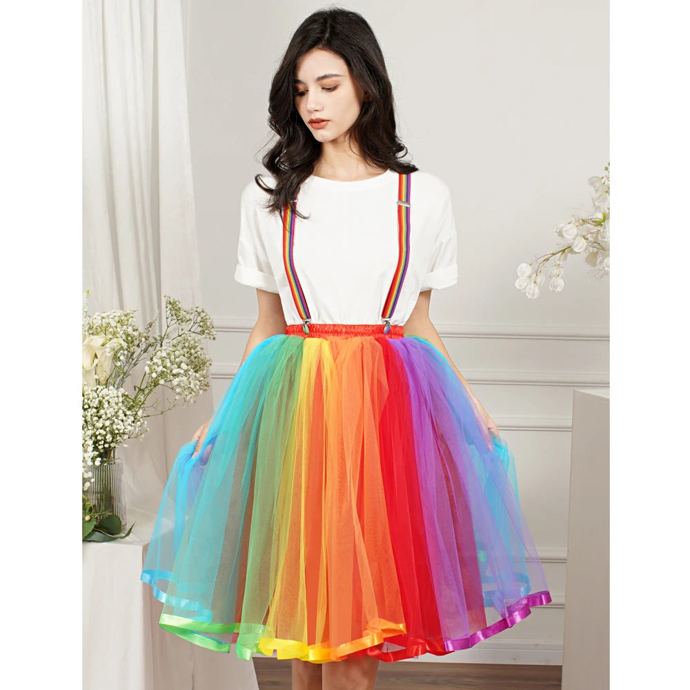 Jupe courte colorée arc-en-ciel pour femmes, bande élastique haute, 5 couches, Tulle doux, Tutu Crinoline, sous-jupe, robe de bal pour filles