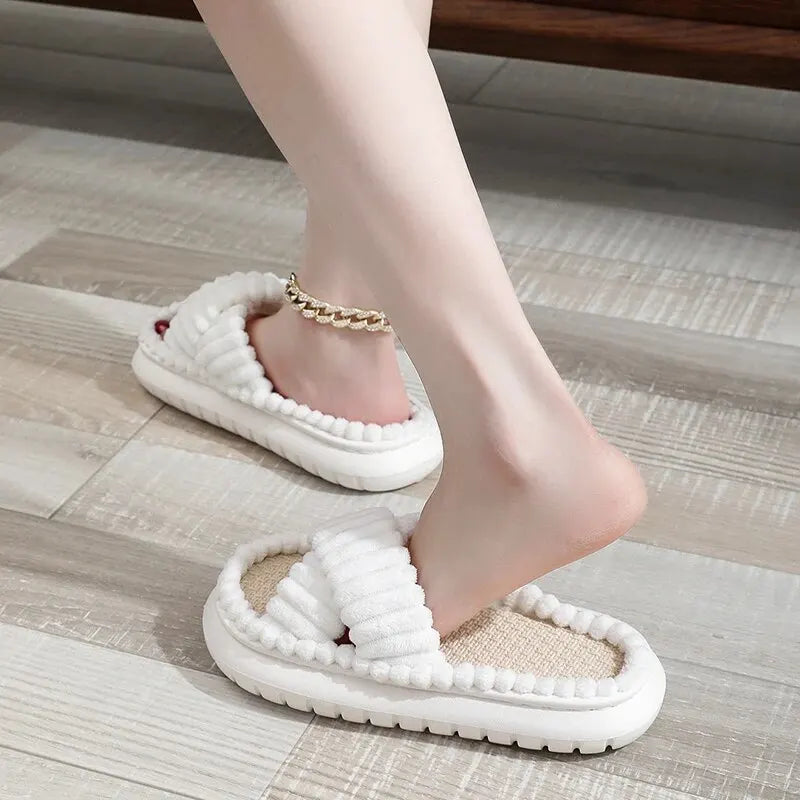 Women Spring Autumn Home Slippers Open-Toe Cross Band Linen Soled Indoor Slides Linen Soled Non-Slip Bathroom Slippers