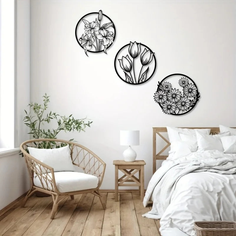 1 pieza, juego de arte de pared con flores, arte de pared de metal, juego de arte de pared grande, arte de pared decorativo para el hogar para la sala de estar, decoración de pared con flores