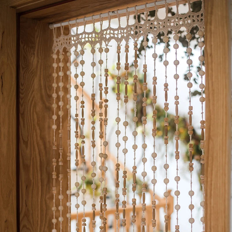 Rideau de porte en bois fait à la main en bois massif, séparateur de pièce, cloisons de salon, rideau de perles suspendu, ficelle 90 x 220 cm, décoration d'intérieur