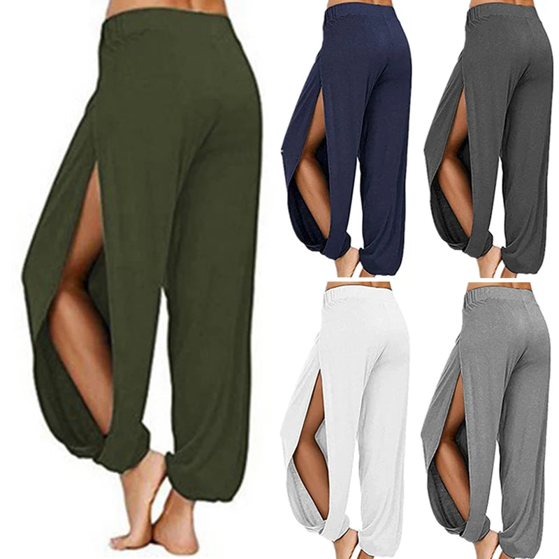 Pantalones de Yoga a la moda para mujer, pantalones Haren de pierna ancha con abertura de cintura alta, mallas de gimnasio, pantalones de entrenamiento huecos sólidos informales, ropa de gimnasio para el hogar