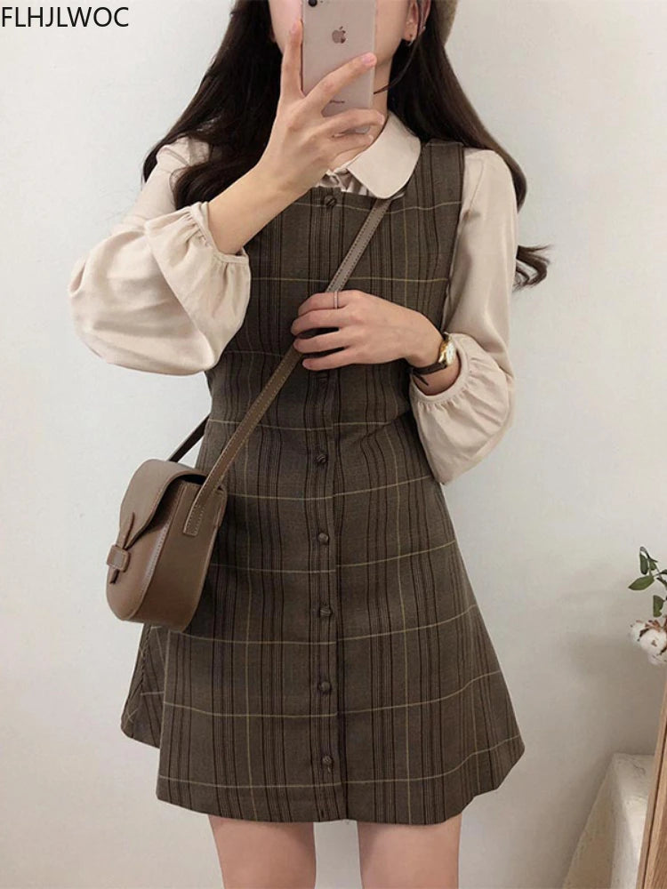 Cute Mini New Year Date Dresses Sleeveless Vest Women Korea Japanese Style Design Retro Vintage Plaid Button Shirt Dress 11021