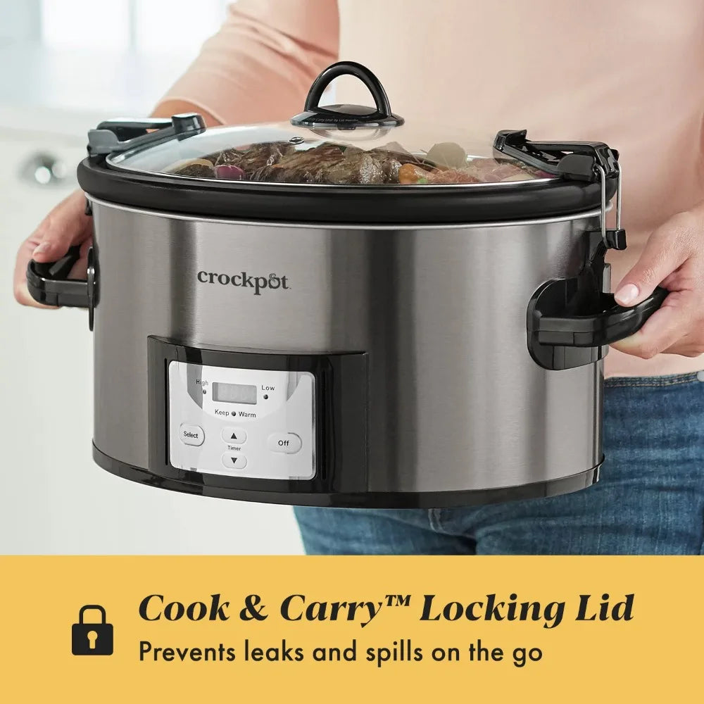 Olla de cocción lenta Crockpot™ Cook &amp; Carry™ fácil de limpiar de 7 cuartos, acero inoxidable negro