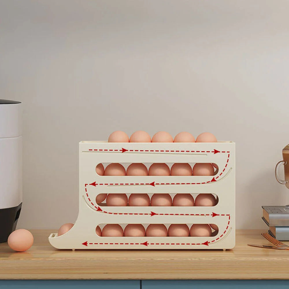 Soporte de desplazamiento automático para huevos, caja de almacenamiento, contenedor de cesta para huevos, organizador enrollable, dispensador de huevos para refrigerador para Cocina