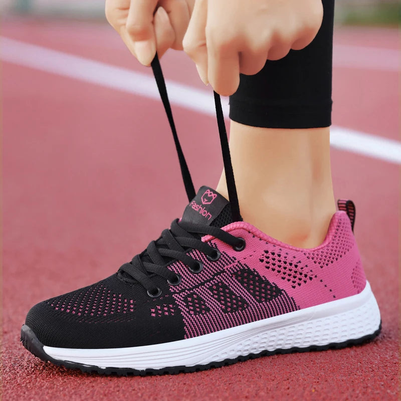 Zapatos casuales de mujer, zapatos planos transpirables de malla con cordones para caminar, zapatillas de deporte para mujer, Tenis femeninos, rosa, negro y blanco