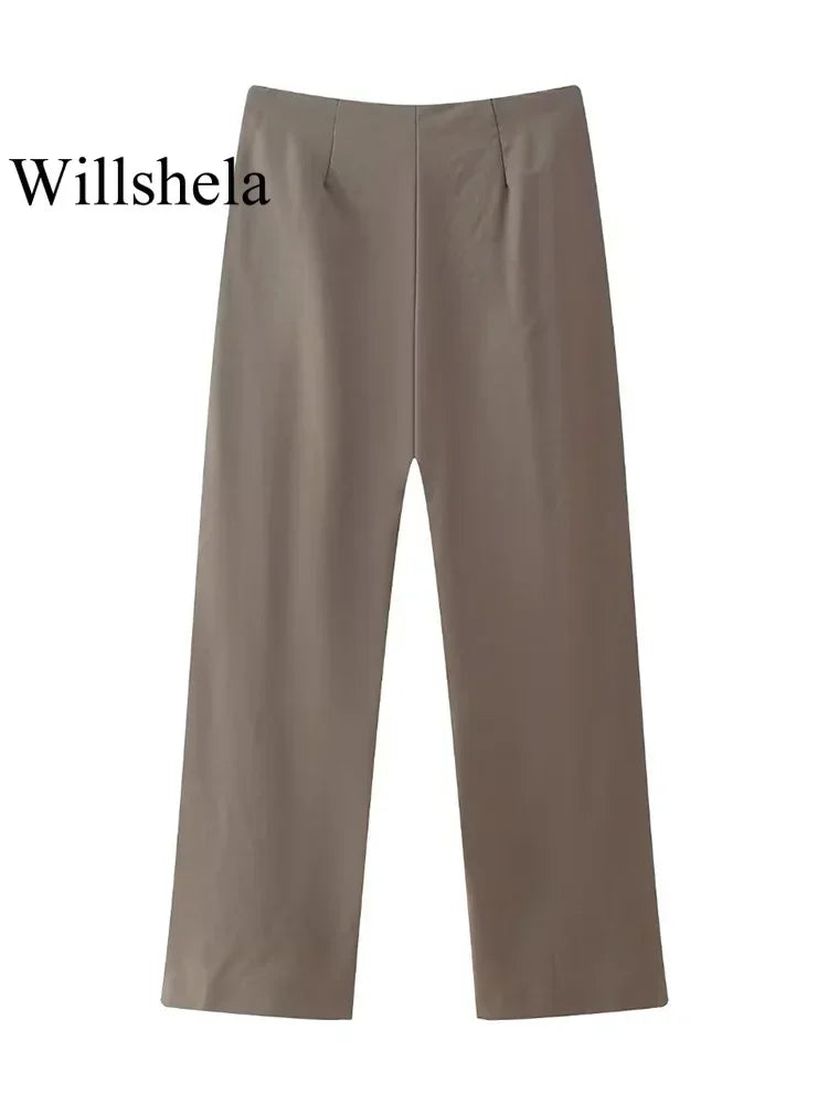 Willshela femmes mode deux pièces ensemble marron plissé licou cou hauts et pantalon droit Vintage femme Chic dame pantalon costume