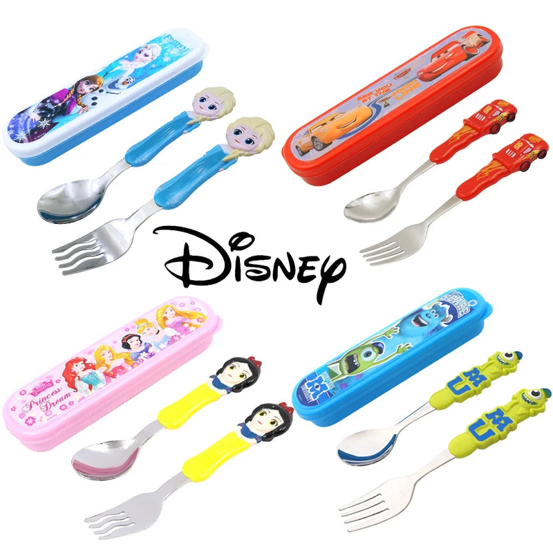 Disney Frozen Elsa Princess Spoon Baby Feeding Cute Mickey 3D Cartoon Kids Spoon and Fork Set Travel Cutlery Set Utensils Metal