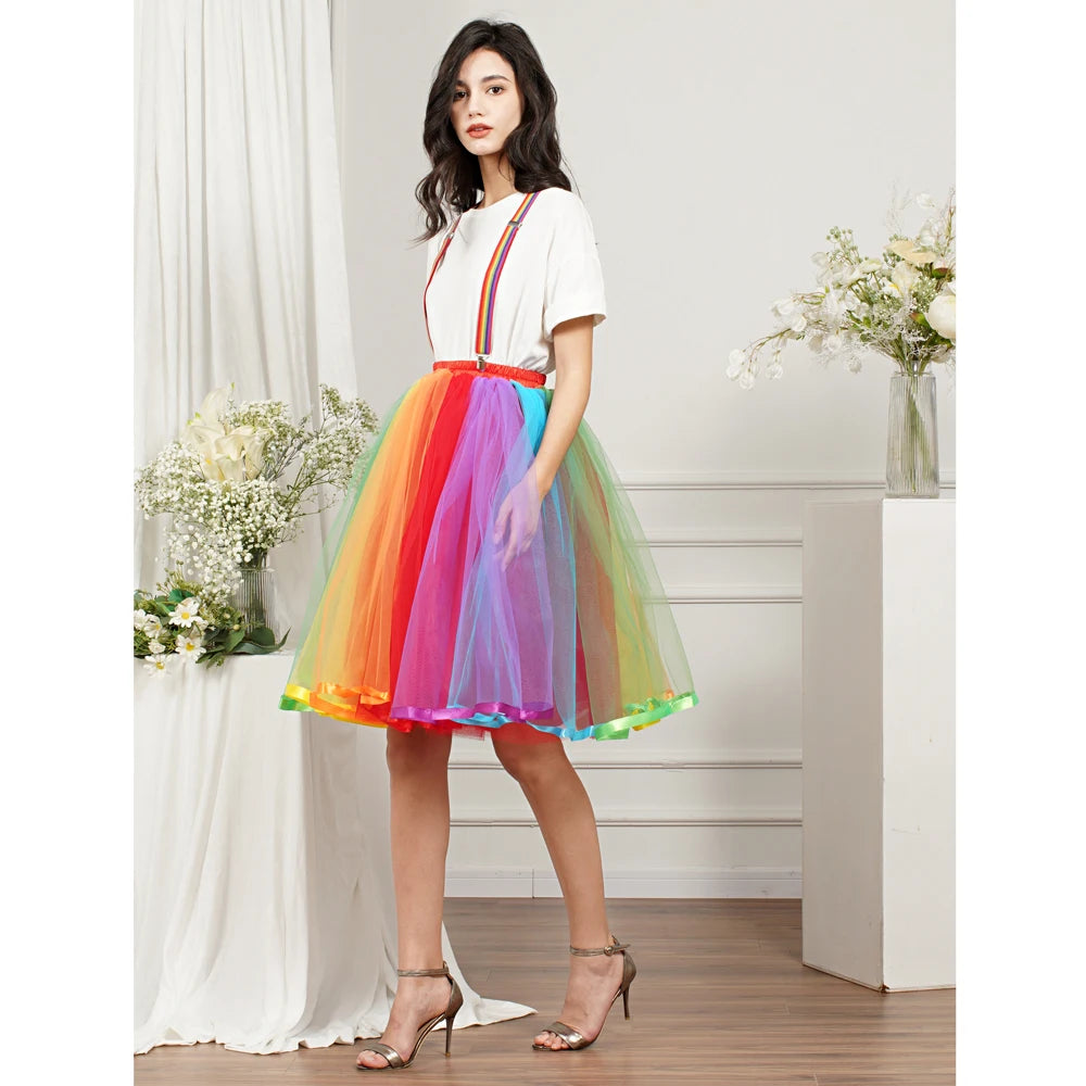 Jupe courte colorée arc-en-ciel pour femmes, bande élastique haute, 5 couches, Tulle doux, Tutu Crinoline, sous-jupe, robe de bal pour filles