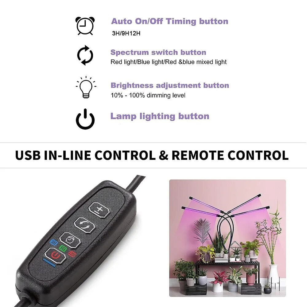 Luz LED de espectro completo para cultivo de plantas, cuello de cisne ajustable, 9 niveles regulables, temporizador de 3 / 9 / 12H