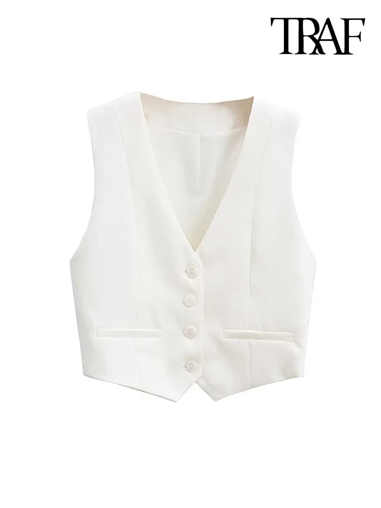 TRAF Women Fashion Front Buttons Cropped Waistcoat Vintage V Neck Sleeveless Female Outerwear Chic Tops