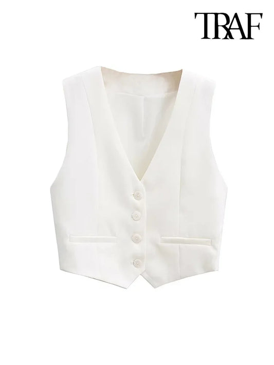 TRAF-Chaleco corto con botones delanteros para mujer, ropa de abrigo Vintage sin mangas con cuello de pico, Tops elegantes