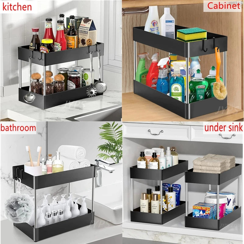 Organisateur de rangement sous évier, 1/2 pièces, tiroir à 2 niveaux, armoire polyvalente, support de rangement sous évier, organisateur de salle de bains et de cuisine