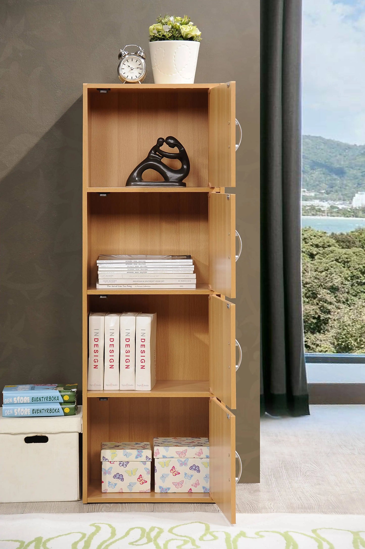 4-Shelf, 4-Door Storage Bookcase in Multiple Colors,Durable and Strong,Slim and Versatile Design, Sleek Contemporary Styling