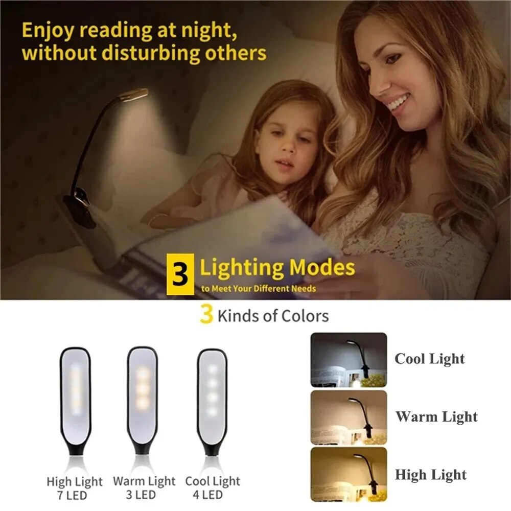 Luz de libro recargable Mini tipo 7 LED luz de atenuación 3 capas de Clip fácil Flexible lámpara de protección ocular de lectura nocturna en la cama