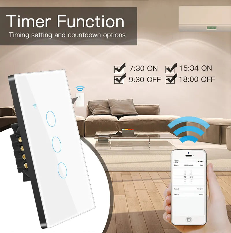 Tuya WiFi US interruptor de luz inteligente cable neutro/No se requiere cable neutro Interruptor táctil de pared tipo 120 funciona con Alexa, Google Home