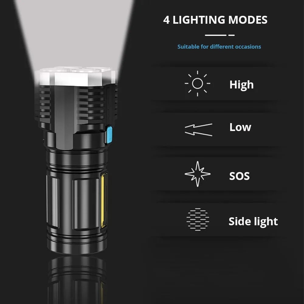 Linternas LED de alta potencia Antorcha de camping con 4 cuentas de lámpara y luz lateral COB Linterna de mano portátil recargable 4 modos de iluminación