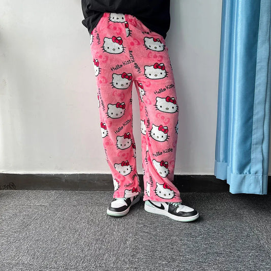 Sanrio Hello Kitty-pijamas de franela para mujer, pantalones de casa informales de lana cálidos con dibujos animados, color negro, moda Otoño Invierno