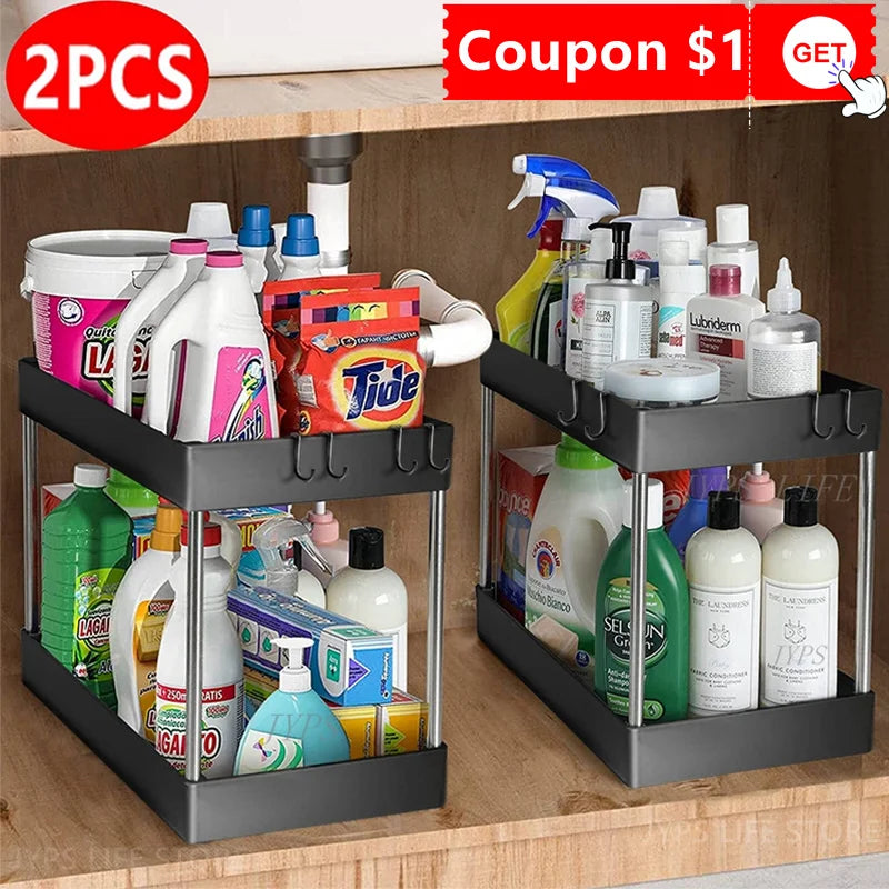 1/2 Pcs Under Sink Storage Organizer 2 Tier Drawer Multipurpose Rack Cabinet Under Sink Storage Rack Bathroom Kitchen Organizer