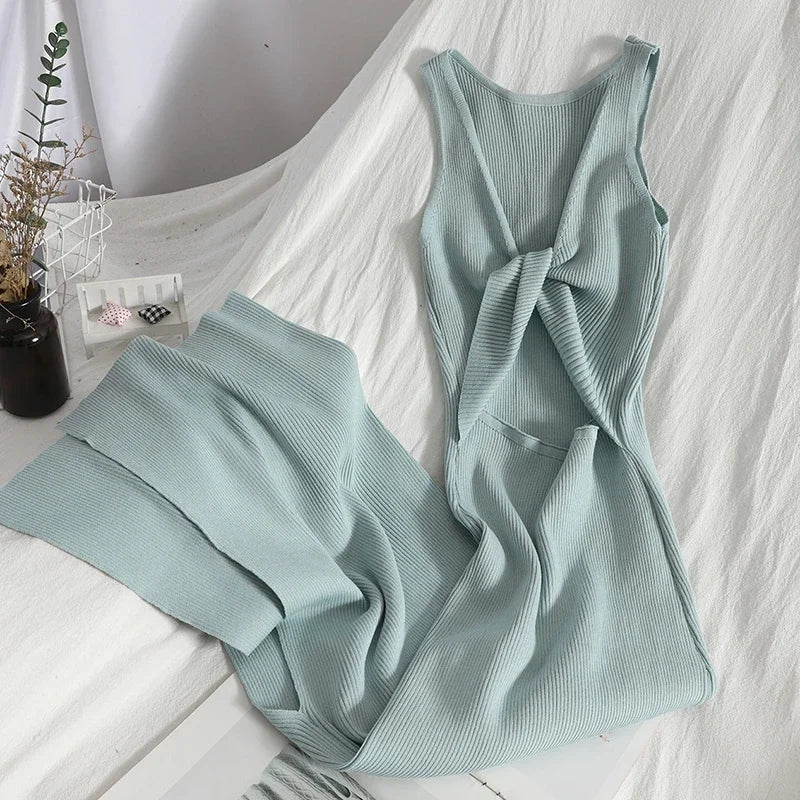 OCEANLOVE – Robe tricotée coréenne pour Femme, col en V, sans manches, ajourée, Sexy, Slim, moulante, fourchette fendue, longue, été