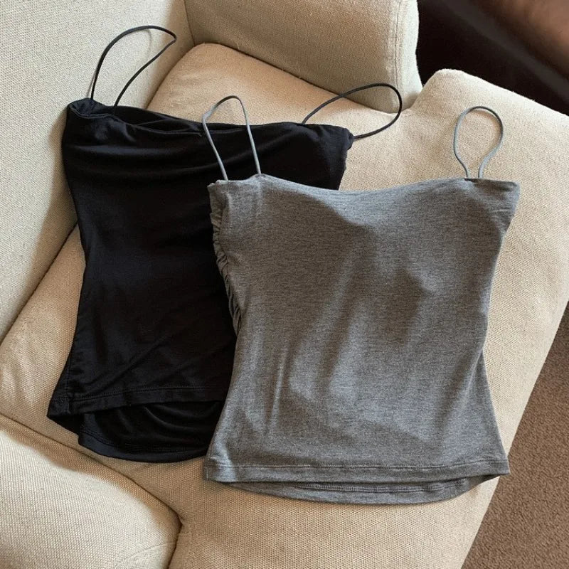 Camisetas sin mangas para mujer con sujetador incorporado, camisetas sin mangas con tirantes finos para mujer, camisetas informales de Color sólido para verano, estilo coreano para mujer, triangulación de envíos