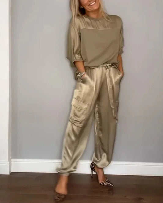 Spring Summer Fashion Solid Color Satin Two Piece Set Women Round Neck Long sleeved Top Long Pants Casual Loose Two Piece Set