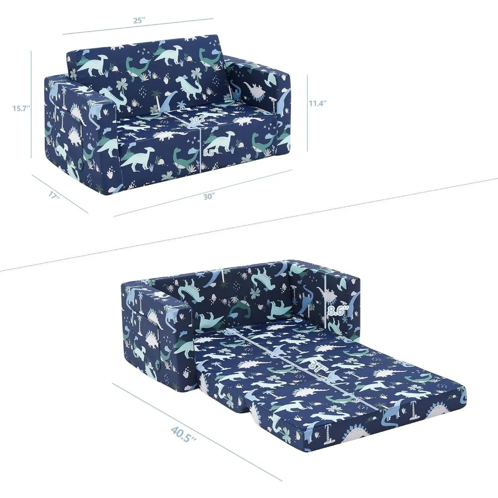 Ulax Furniture Canapé pliant pour enfants 2 en 1, canapé convertible en chaise longue avec tissu en peluche doux (dinosaure bleu marine)