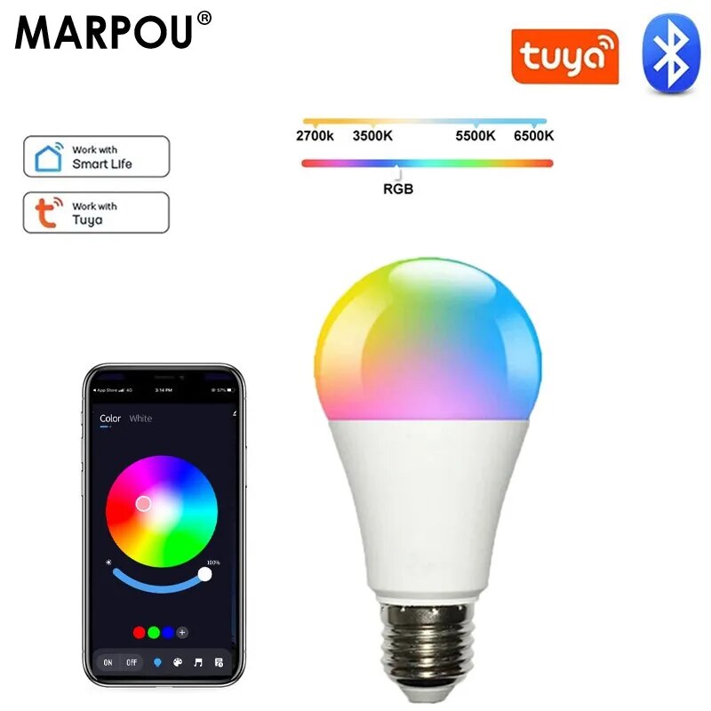 MARPOU Tuya Bluetooth 9W bombilla inteligente lámpara Led E27 RGB bombillas inteligentes 220V lámparas inteligentes para decoración de la habitación del hogar