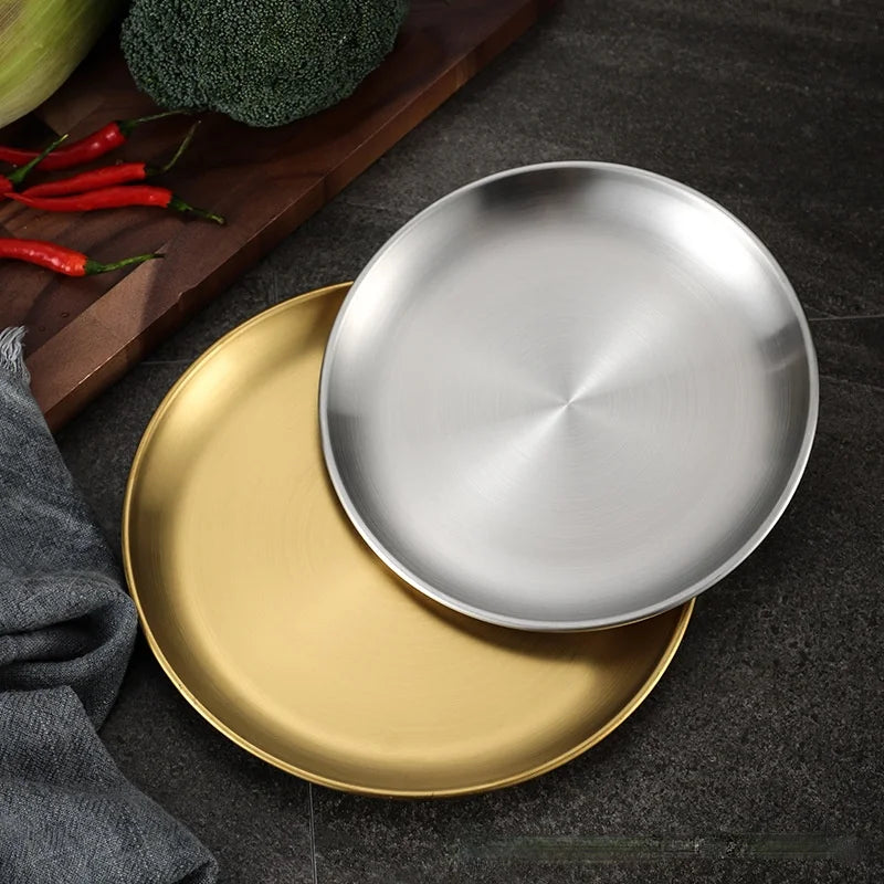 Stainless Steel Plate Set, 2 Pieces, Easy to Clean, Luxury Metal Round Serving Tray