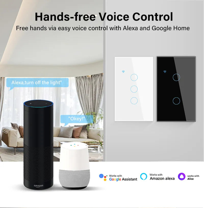 Tuya WiFi US interruptor de luz inteligente cable neutro/No se requiere cable neutro Interruptor táctil de pared tipo 120 funciona con Alexa, Google Home