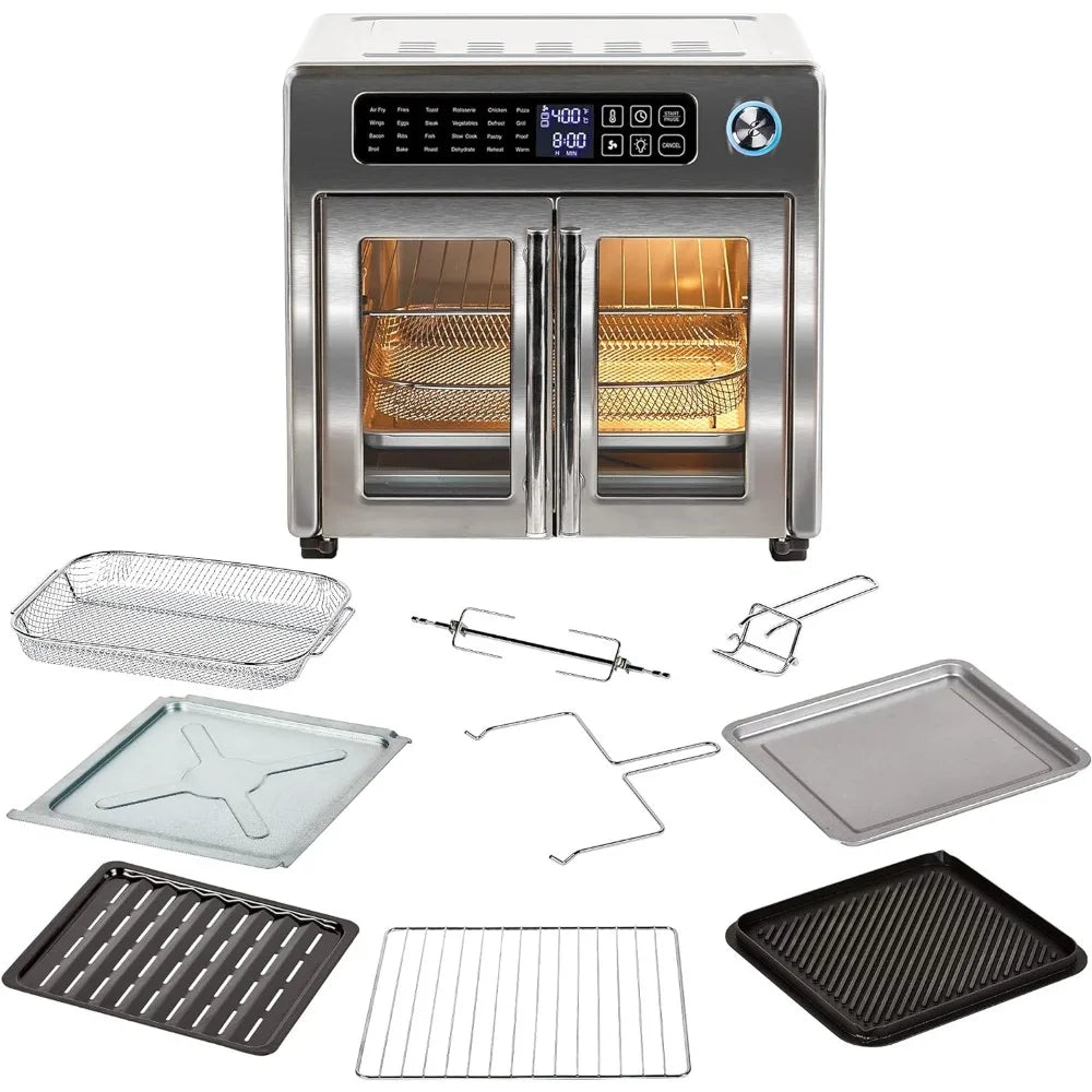 Horno tostador de convección con puertas francesas, electrodoméstico, freidora de aire Extra grande de 26 QT, freidora de aire de cocina de acero inoxidable