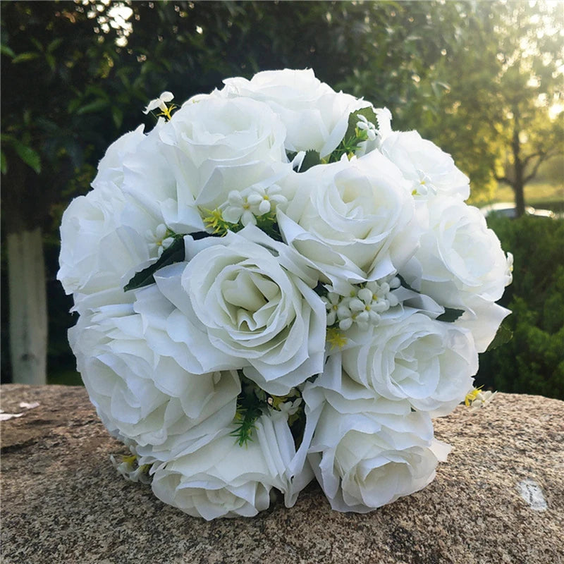 Ramo de novia para dama de honor, flores de seda blancas, rosas artificiales, ramo de novia, accesorios de boda