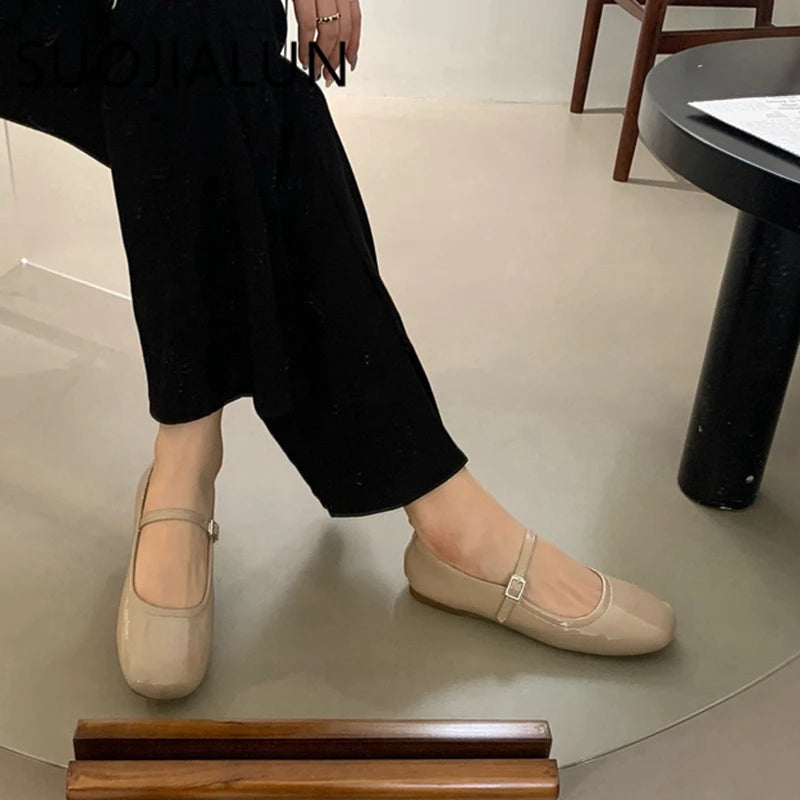 SUOJIALUN 2023 été nouvelles femmes Mary Jane chaussures doux décontracté robe d'extérieur plat chaussures de Ballet bout rond peu profond sans lacet chaussures plates