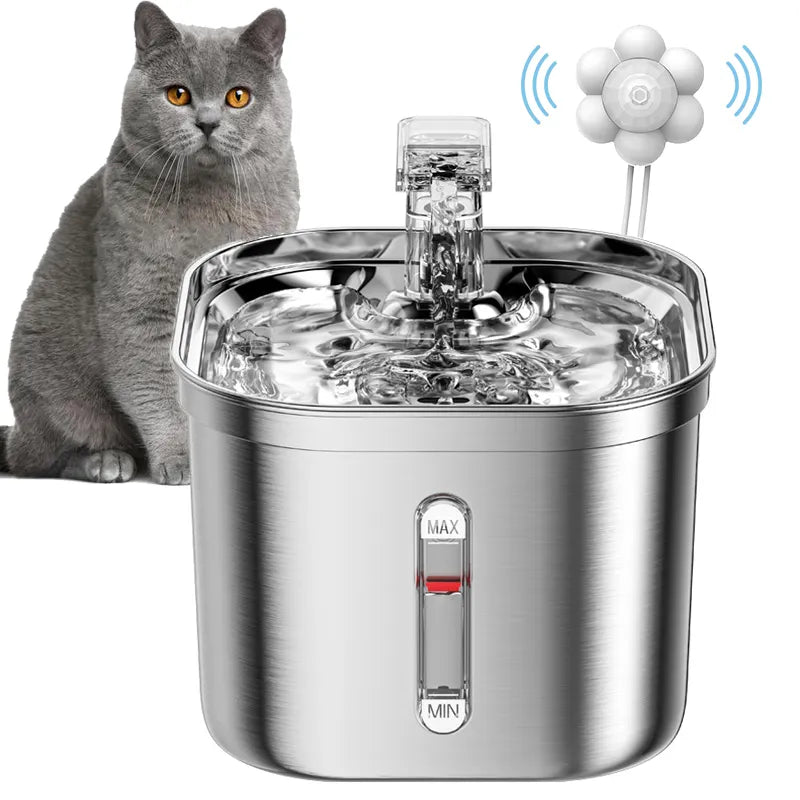 Fuente de acero inoxidable para gatos con marca de agua, dispensador automático de agua para gatos, filtro con Sensor, bomba de agua ultrasilenciosa para Gato