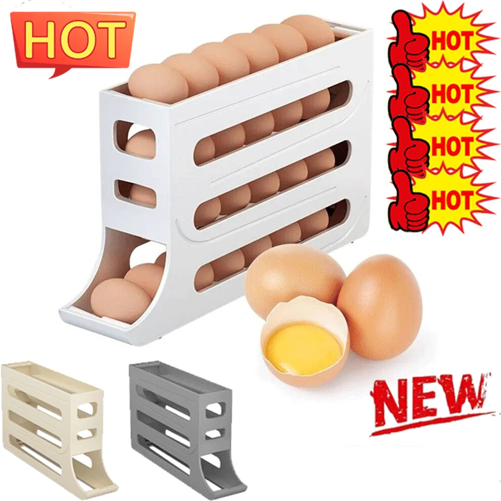 Rejilla para huevos con desplazamiento automático, caja de almacenamiento, contenedor de cesta para huevos, organizador enrollable, dispensador de huevos para refrigerador para Cocina