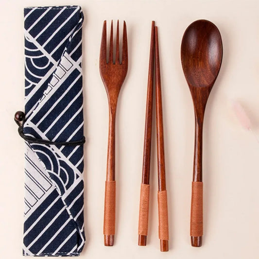 Portable Wood Cutlery Sets Japanese Style Spoon Fork Chopsticks Set Travel Dinnerware Suit with Cloth Pack Gift