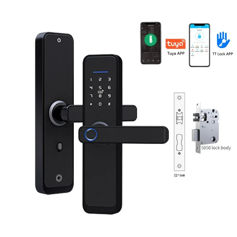 Tuya/TT Lock Optional Smart Fingerprint Door Lock Digital Electric Lock With Long Handle Security Anti-theft For Home Hotel