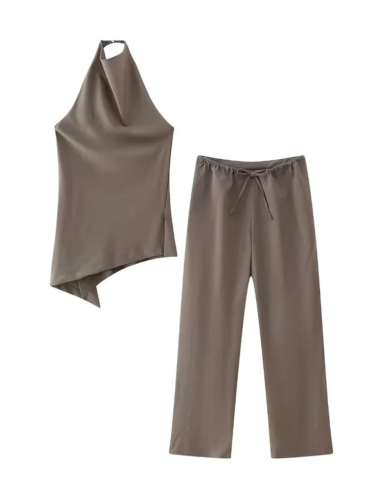 Willshela femmes mode deux pièces ensemble marron plissé licou cou hauts et pantalon droit Vintage femme Chic dame pantalon costume