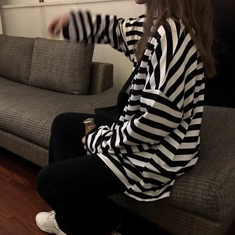 spring Autumn Women harajuku Striped Tshirt Long Sleeve O-Neck T-Shirts ulzzang Korean Casual oversized T Shirt Femme black Tops