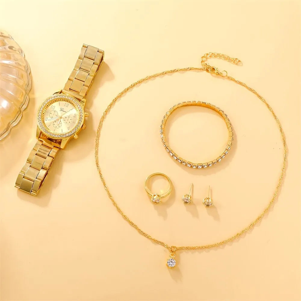 Conjunto de 6 uds. De reloj de lujo para mujer, anillo, collar, pendiente, reloj de pulsera de moda con diamantes de imitación, relojes informales para mujer, conjunto de pulsera