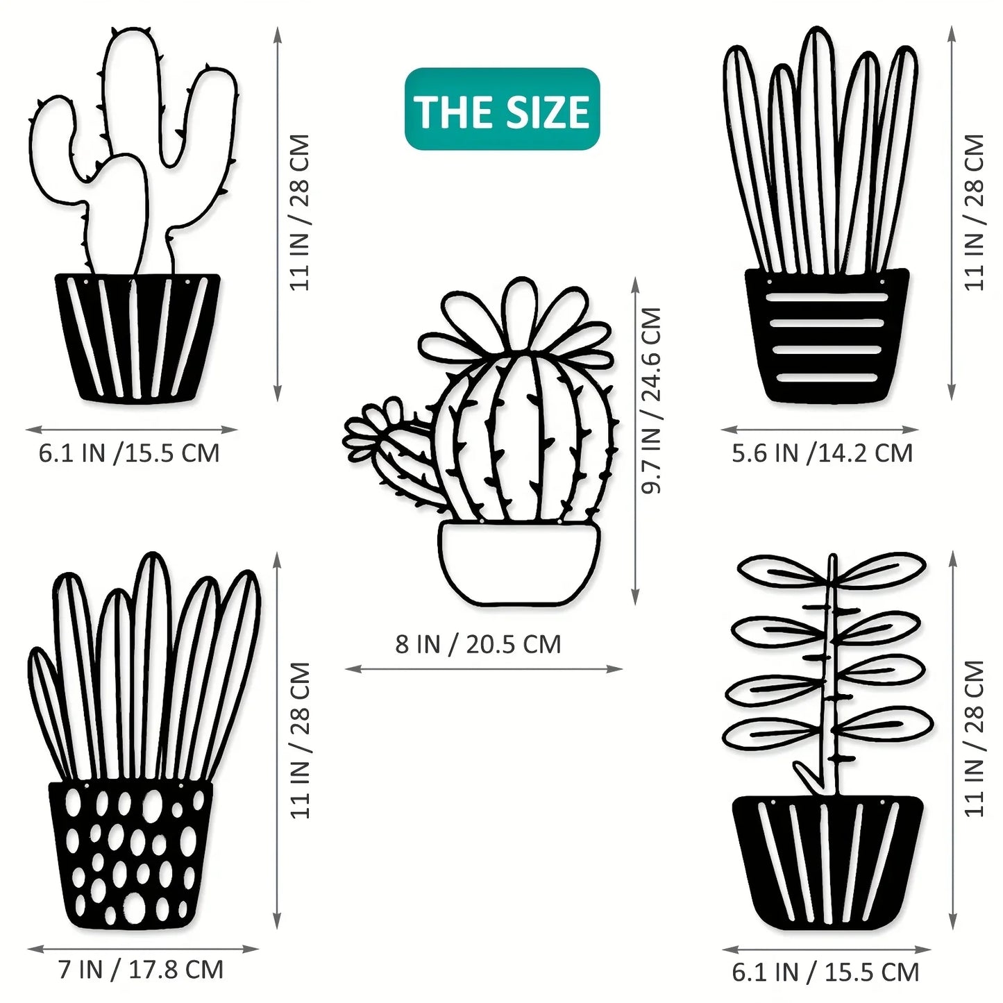 CIFBUY 5pcs Set Black Metal Cactus Wall Decor, Minimalist Succulent Plant Pot Flower Wall Art for Kitchen Bathroom Bedroom Decor