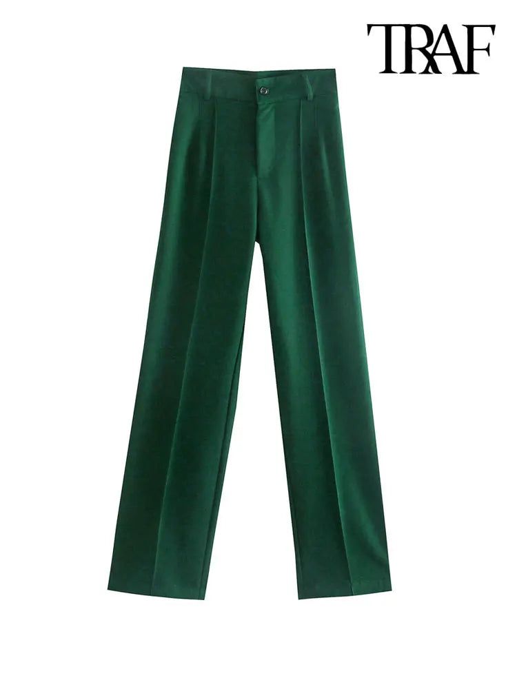 TRAF Mujer moda elegante ropa de oficina Pantalones rectos Vintage cintura alta cremallera Fly Mujer Pantalones Mujer