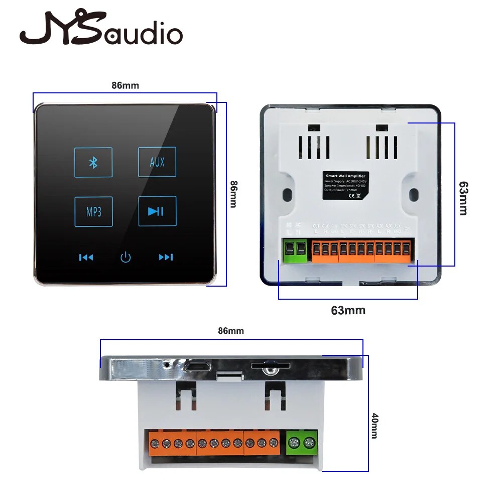 Amplificateur mural Audio à 2 canaux 20W classe D, écran tactile, système de cinéma maison intelligent, compatible Bluetooth, Radio Aux