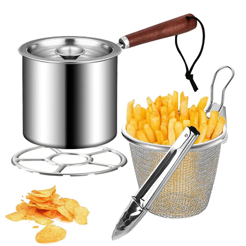 Olla para freír profunda con mango de madera para cocina con cesta coladora, olla de acero inoxidable para freír papas fritas en tempura, sartén para freír pollo