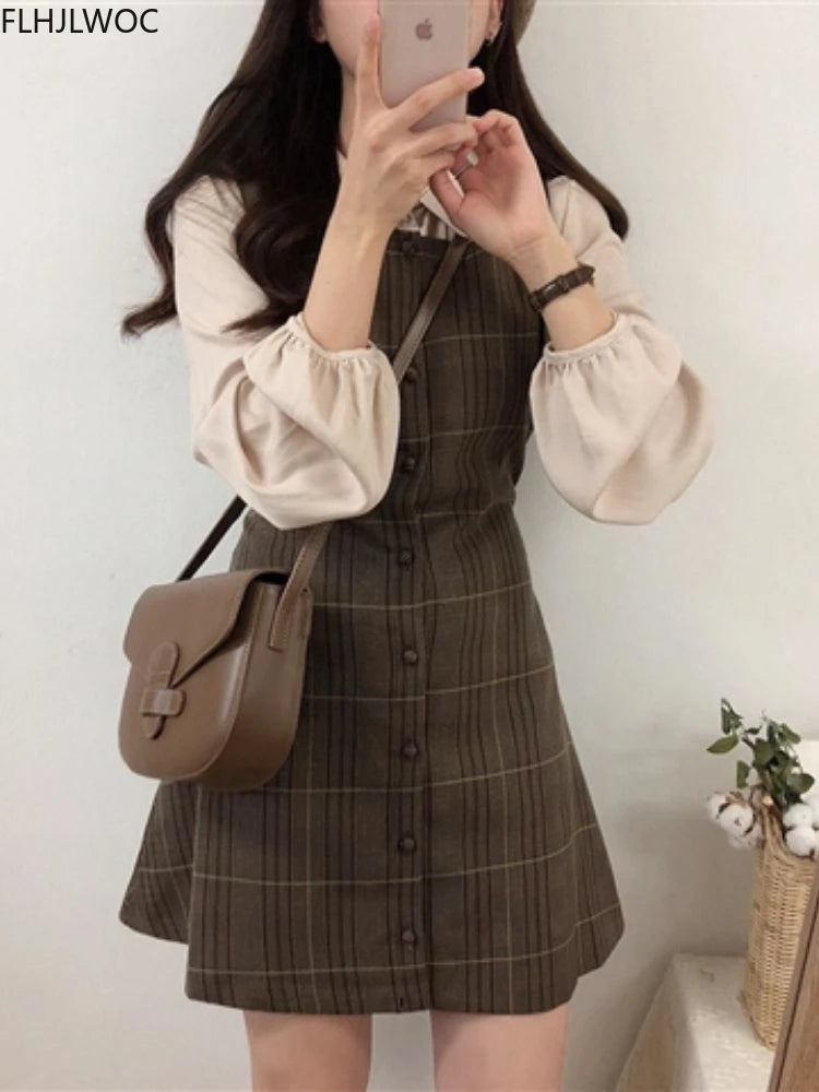 Cute Mini New Year Date Dresses Sleeveless Vest Women Korea Japanese Style Design Retro Vintage Plaid Button Shirt Dress 11021