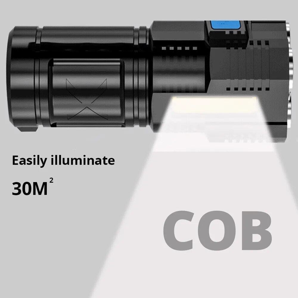 Linternas LED de alta potencia Antorcha de camping con 4 cuentas de lámpara y luz lateral COB Linterna de mano portátil recargable 4 modos de iluminación