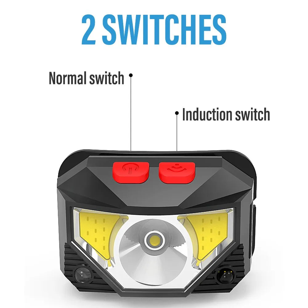 Faro LED recargable con Sensor, COB y cuentas LED, 8 modos de iluminación, luz blanca y roja, luz de pesca