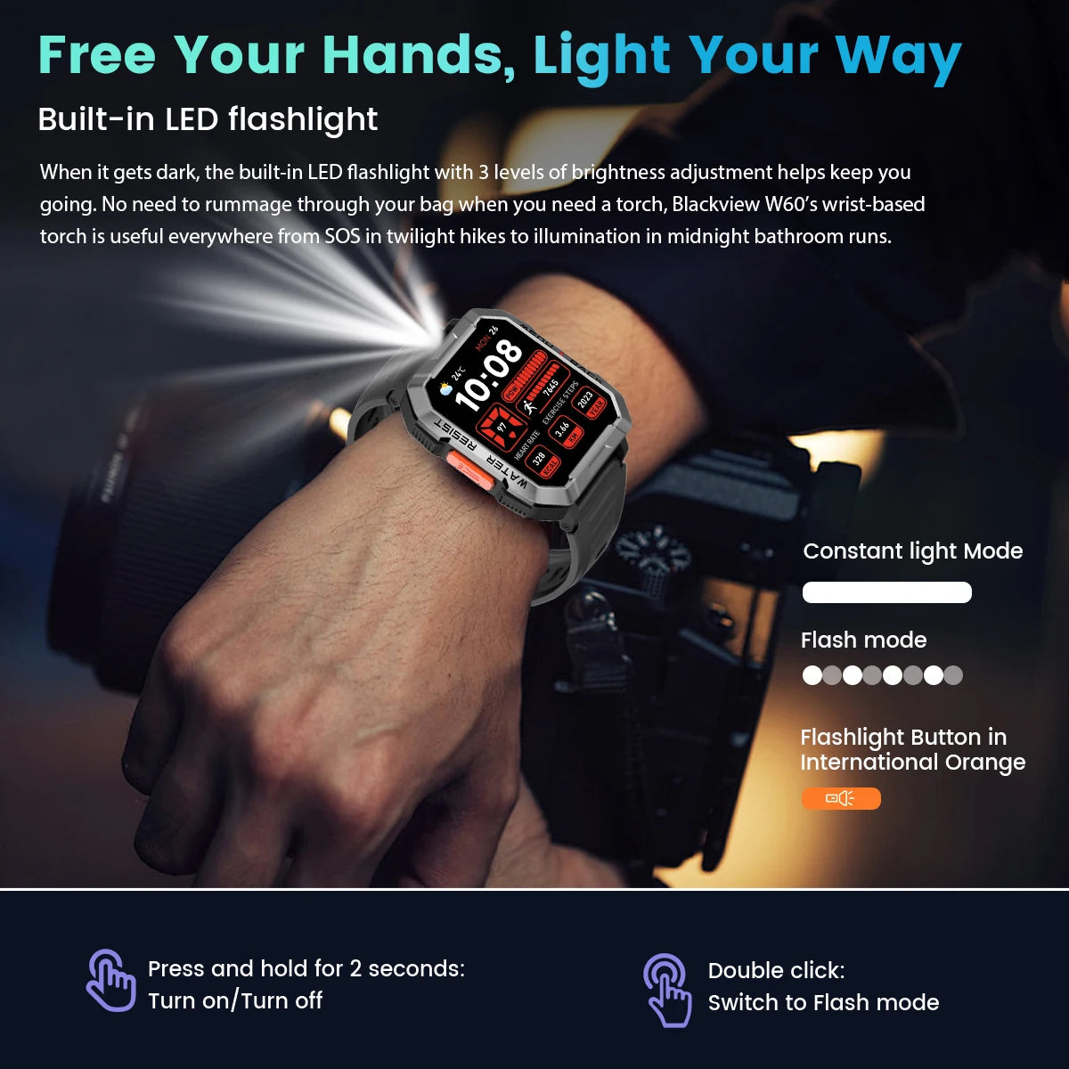 Blackview W60 2024 nuevo reloj inteligente 2,01 ''pantalla HD TFT resistente reloj inteligente para exteriores con iluminación de emergencia llamadas Bluetooth